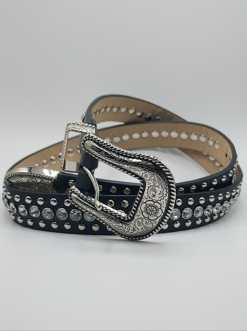 Women's Black Western Rhinestone Black Belt with Silver Buckle 27.5"L NWOT